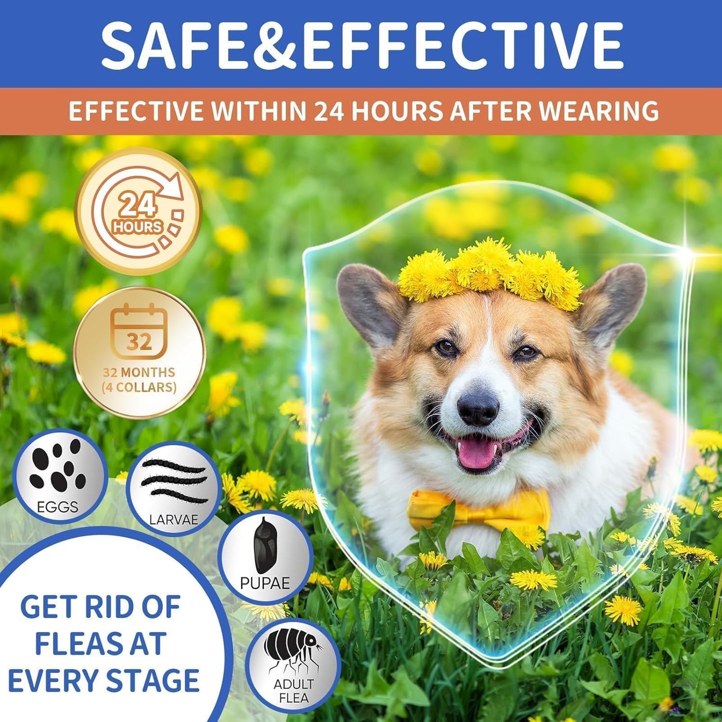 Dog Flea and Tick Collar 4 Pack, Waterproof Adjustable Collar for Dogs and Puppies, 32-Month Prevention, Blue & Orange