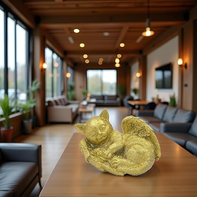 Small Cat Memorial Stone Commemorates Our Lost Fur Baby,Peaceful Sleeping Angel Statue for Garden,Indoor,Pet Grave Markers,and Loss of Cat Sympathy Gift (Gold, Small)
