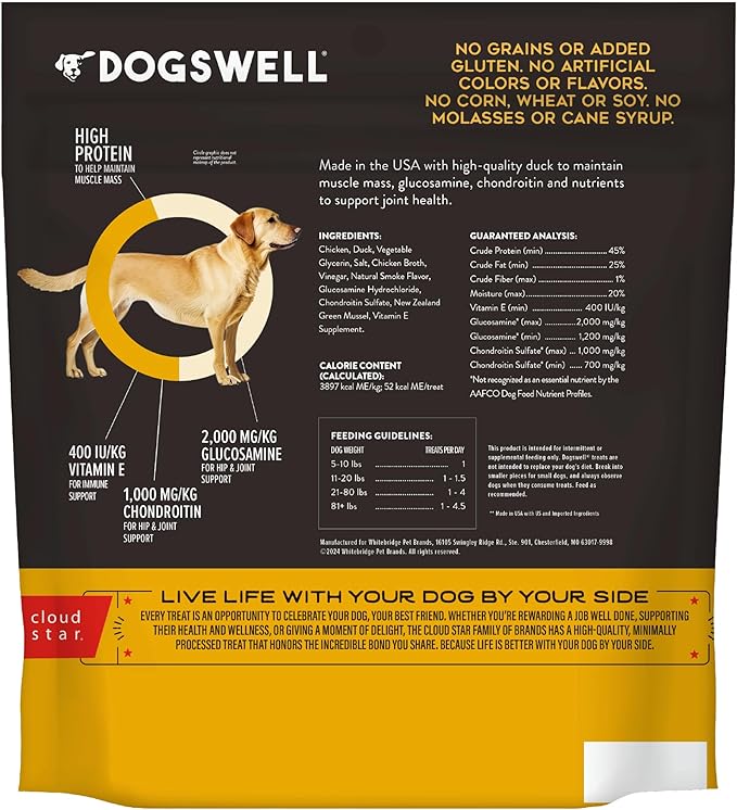 Dogswell Jerky Hip and Joint Dog Treats Grain Free Made in USA Only, Glucosamine and Chondroitin, 20 oz Duck