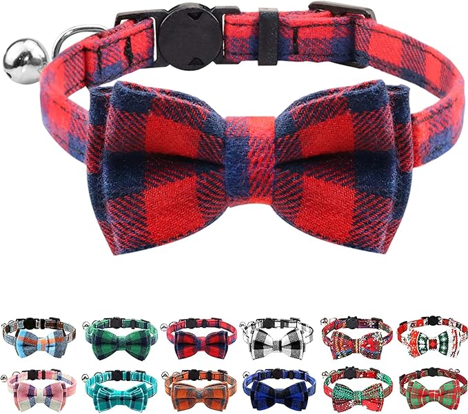Joytale Upgraded Cat Collar with Bells, Breakaway Cat Collars with Bow Tie, 1 Pack Girl Boy Safety Plaid Kitten Collars, Red