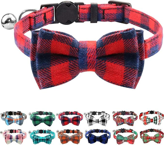 Joytale Upgraded Cat Collar with Bells, Breakaway Cat Collars with Bow Tie, 1 Pack Girl Boy Safety Plaid Kitten Collars, Red