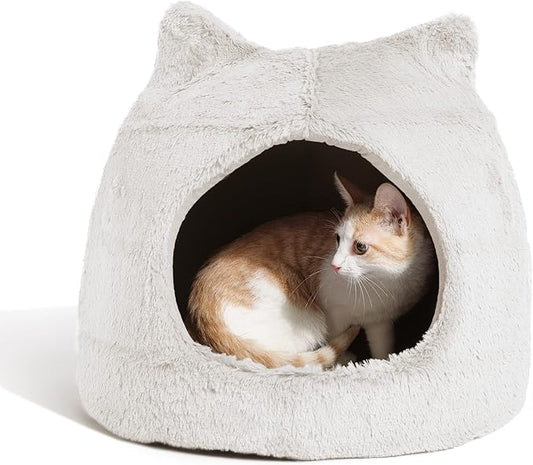 Best Friends by Sheri Meow Hut Fur Dome Pet Bed – Covered Cat Cave for Cats & Small Dogs up to 15 lbs, Faux Fur Hideaway with Water-Resistant Bottom, Machine Washable, Ivory