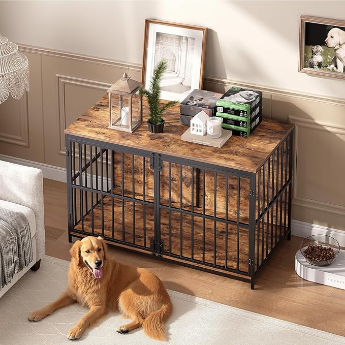 HOOBRO 46.5" Large Dog Crate Furniture, Wooden Dog Kennel Indoor, Heavy Duty Dog Cage for Large/Medium Dog, Decorative Side End Table, Rustic Brown and Black BF120GW03