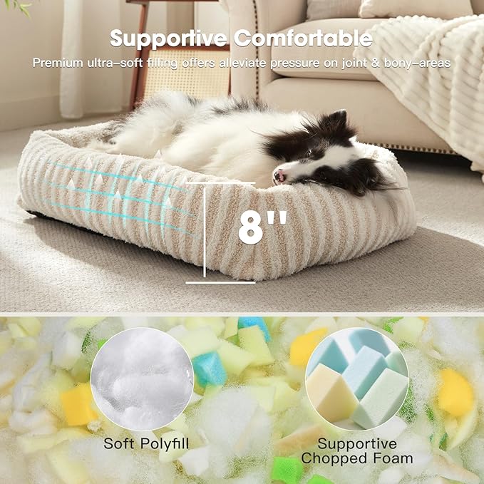 MIXJOY Dog Bed Medium Size Dog, Washable Medium Dogs Bed with Removable Cover, Soft Rectangle Pet Ded Fluffy Plush Faux Fur Pet Bed with Anti-Slip Bottom, 30"x30"x8", Beige