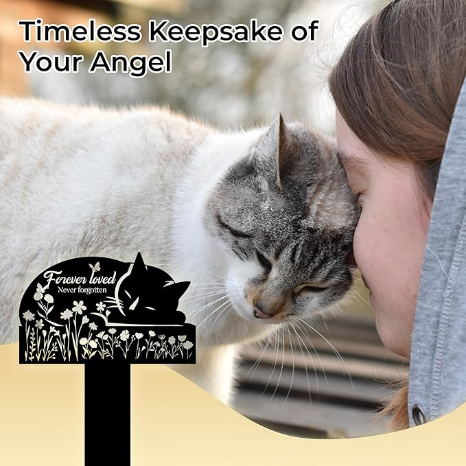 Cat Grave Marker Outdoor Memorial – 12in Metal Pet Memorial Plaque with Garden Sleeping Cat, Weatherproof Headstone for Yard or Indoor Tribute, Sympathy Gift for Loss of Cat
