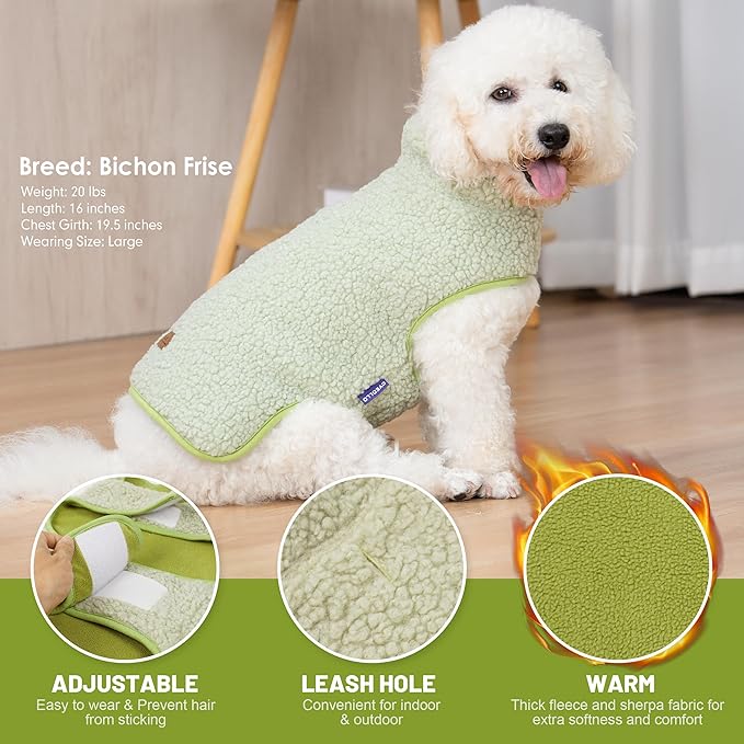 cyeollo Warm Dog Coat Fleece Sherpa Winter Sweater Coats, Turtleneck Jacket Vest for Small Medium Large Dogs with Leash Hole, Soft Reversible Dog Coats for Cold Weather, Green, XXL