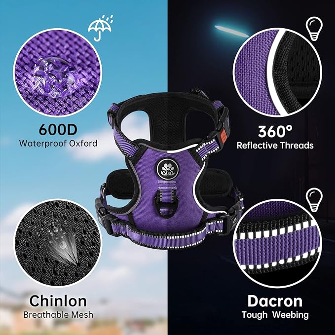 NESTROAD No Pull Dog Harness,Adjustable Oxford Dog Vest Harness with Leash,Reflective No-Choke Pet Harness with Easy Control Soft Handle for Small Medium Dogs(Medium,Purple)