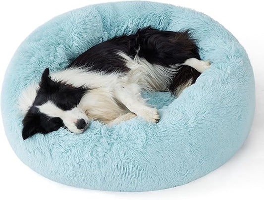 Bedsure Calming Dog Bed for Large Dogs - Donut Washable Large Pet Bed, 36 inches Anti-Slip Round Fluffy Plush Faux Fur Dog Bed, Fits up to 80 lbs Pets, Aqua Blue