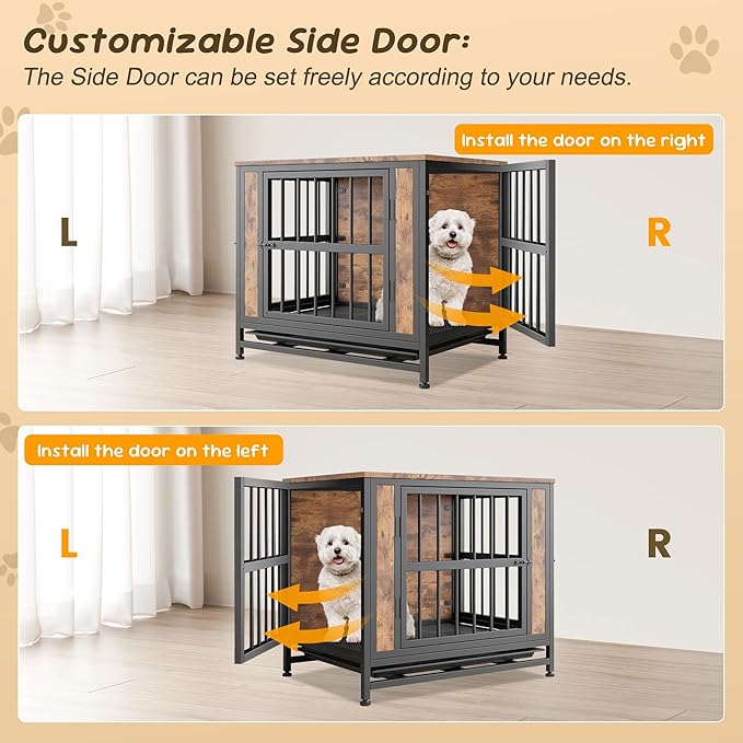 Rustic Small Dog Cage Furniture, Brown Wooden Dog Crate Kennel Furniture, Decorative Dog House Indoor End Table for Small Dog