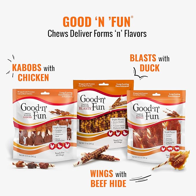 Good ‘n’ Fun Triple Flavor Wings Chews for All Dogs, Treat Your Dog to Long-Lasting Chews Made with Chicken, Pork Hide and Beef Hide, , 4 Ounces