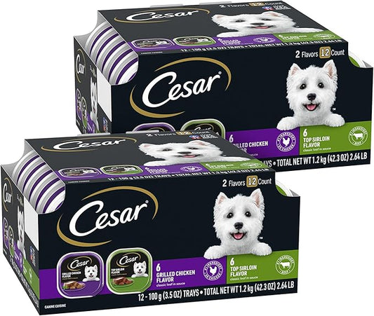 Cesar Wet Dog Food Classic Loaf in Sauce Top Sirloin & Grilled Chicken Flavors Variety Pack, 3.5 oz. Easy Peel Trays, (12 Count, Pack of 2)