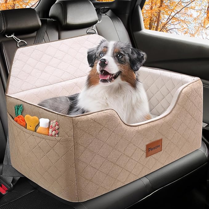 Dog Car Seat for Large-Medium Dogs: Pet Car Seat, Detachable Washable Dog Booster Seat, Pet Travel Bed with Storage Pockets and Dogs Safety Belt (Coffee, Large)