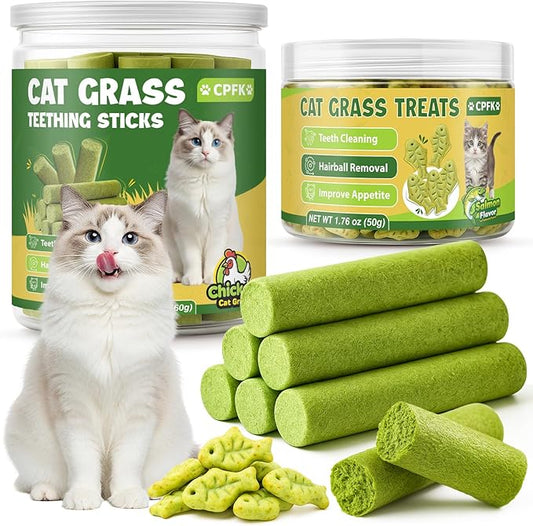 Cat Grass Sticks, 60 g Cat Grass Teething Stick and 50 g Cats Treats, Natural Dental Chews for Teeth Cleaning & Hairball Relief Teething Sticks for Indoor Cats Grain-Free