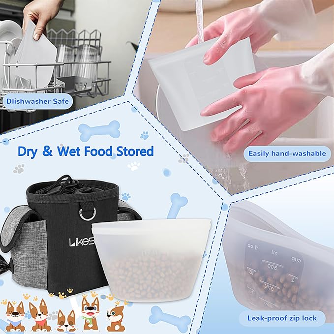 Dog Training Pouch with 2 Cup Silicone Bag, Dog Treat Pouches for Pet Training with Clicker, Adjustable Belt, Poop Bags roll, 2 Ways Wear, for Outdoor Walks, Training, and Travel