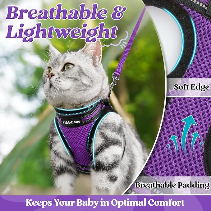 rabbitgoo Cat Harness and Leash Set for Walking Escape Proof, Adjustable Soft Kittens Vest with Reflective Strip for Cats, Comfortable Outdoor Vest, Purple, XL