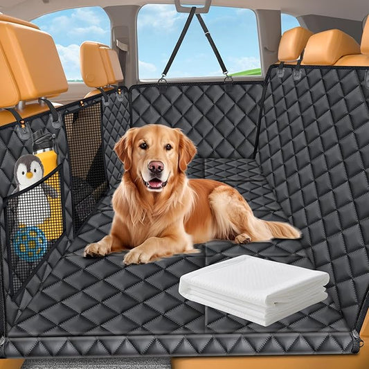 URPOWER Back Seat Extender for Dogs - Hard Bottom Dog Car Seat Cover with 1PC Leak-Proof Pee Pad, Foldable Dog Hammock for Car, SUV, and Truck, Pet Rear Seat Protector Dogs Travel Bed with Mesh Window