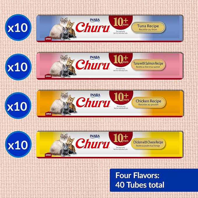 INABA Churu for Senior 10+, Creamy Lickable Cat Treats with Taurine, Vitamin E & C, 0.5 Ounces Each, 40 Tubes, Tuna & Chicken Variety
