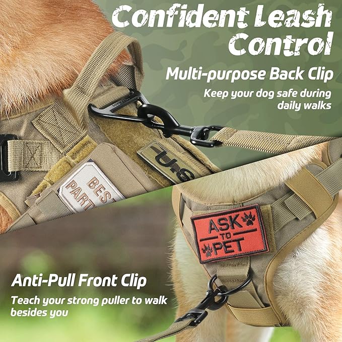 rabbitgoo Tactical Dog Harness Medium Sized, Heavy Duty Pet Harness with Handle, No-Pull Service Vest Medium Breed, Adjustable Military Dog Vest for Training Hunting Walking, Brown, M