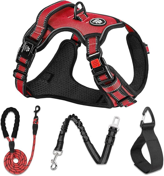 NESTROAD No Pull Dog Harness,Adjustable Oxford Dog Vest Harness with Leash,Reflective No-Choke Pet Harness with Easy Control Soft Handle for Small Medium Dogs(Medium,Red)