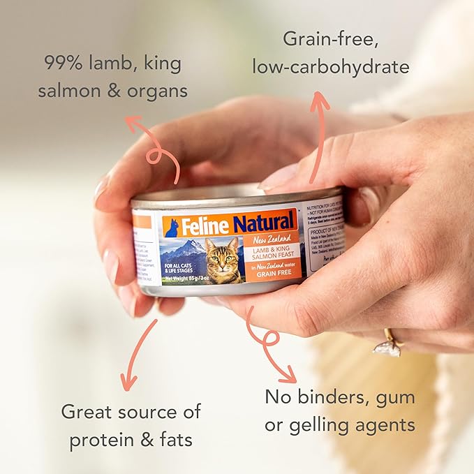 Feline Natural New Zealand Canned Catfood Wet Food, High-Meat, Low-Carb, & Grain Free Cat Food Wet, Lamb & Salmon Feast, 3 oz, Pack of 24