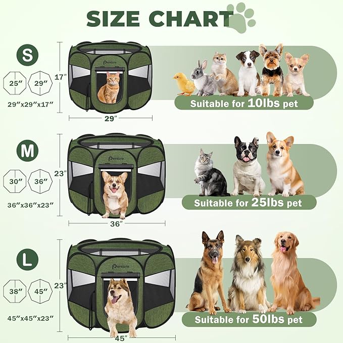 Dog Cat Playpen Indoor Outdoor for Puppy Pet Recovery After Surgery, Dog Tent Crates Cage Indoor/Outdoor, Portable Pop Up Dog Kennel with Carrying Case for Travel (Premium Green, Large)
