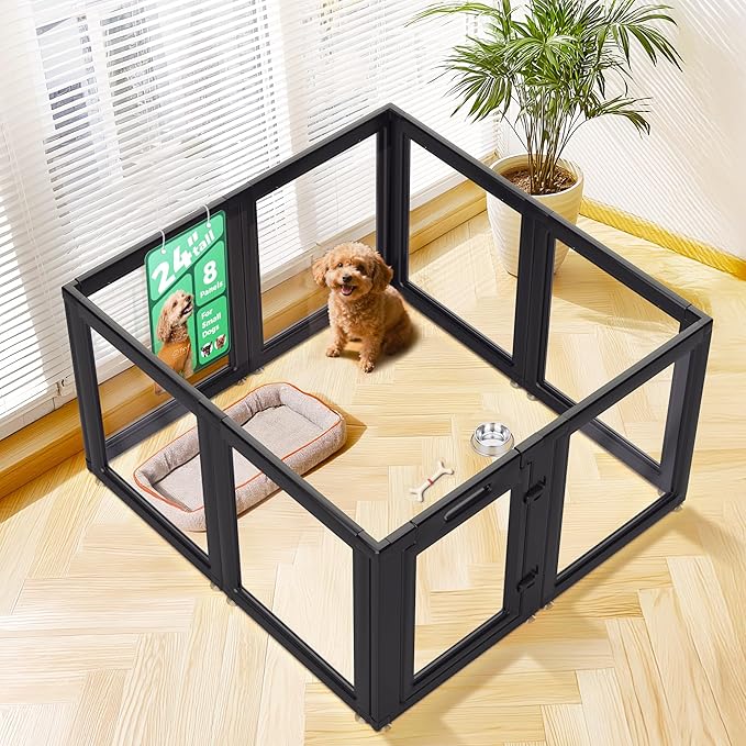 FXW AuraSpace Acrylic Indoor Dog Playpen for Puppies and Small Dogs, 24 Inch, 8 Panels, Black