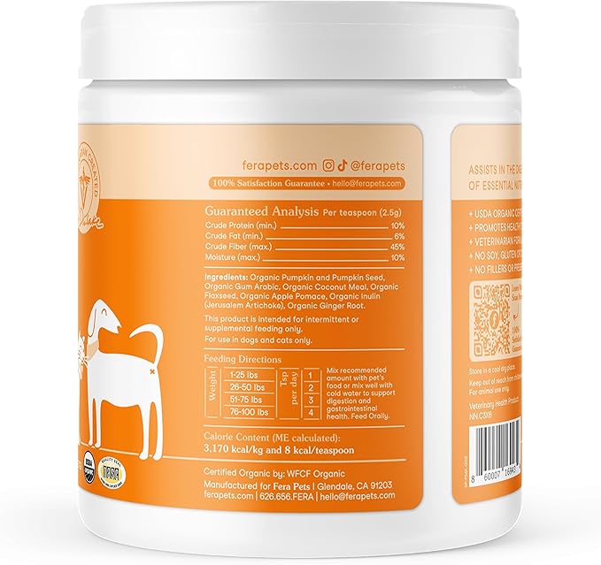 Fera Pets Cat & Dog Pumpkin Plus - Fiber Supplement - USDA Organic - Supports Gut & Digestive Health - Promotes Regularity - 7 Sources of Fiber - 90 Scoops