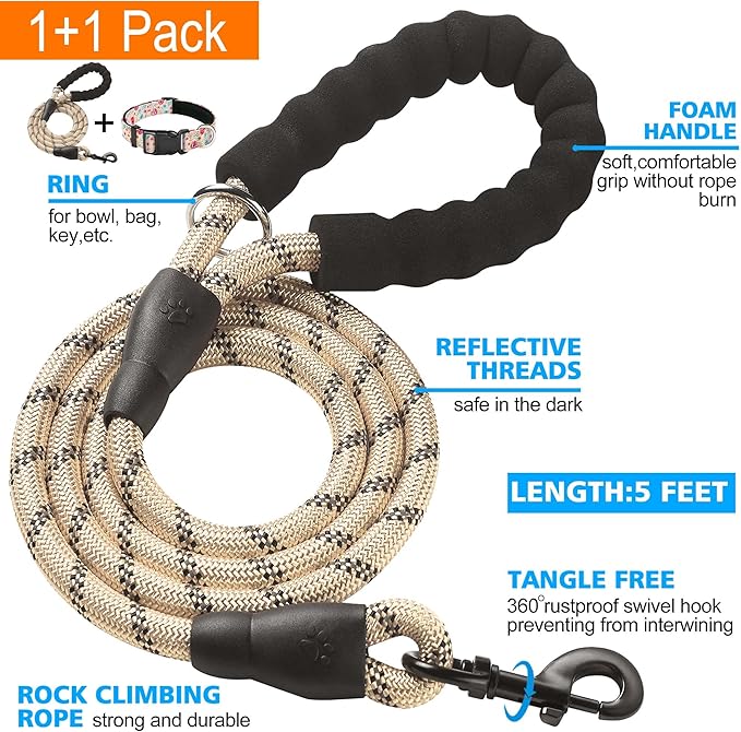 Reflective Dog Collar Padded with Soft Neoprene Breathable Adjustable Nylon Dog Collars for Small Medium Large Dogs (Small (Pack of 1), Vanila/Pink Floral Collar+Leash)