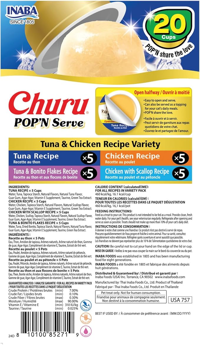 INABA Churu Pop'N Serve Jelly Cat Treat with Vitamin E & Taurine, 1.2 Ounce Cup, 20 Cups, Tuna & Chicken Variety