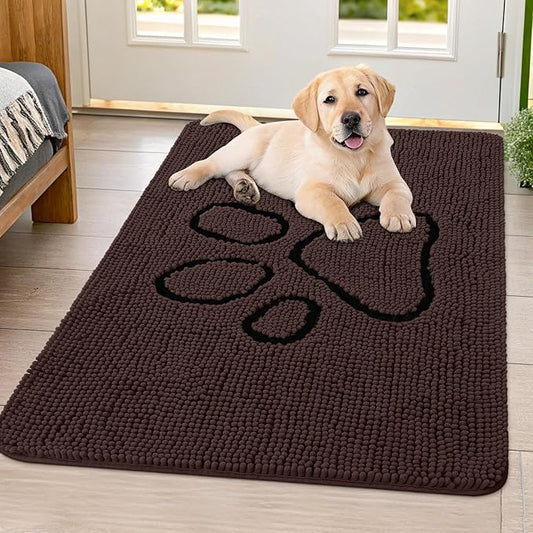 Smiry Dog Door Mat for Muddy Paws, Absorbent Dirt Trapper Non Slip Quick Dry Washable Chenille Mat for Mud Dogs, Entry Rug for Indoor and Outdoor (40x32 Inches, Brown and Black)