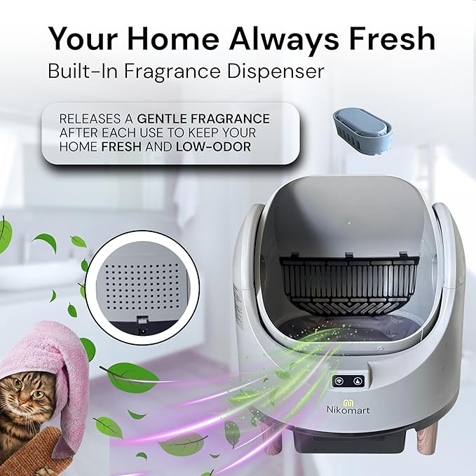 Open-Top Self Cleaning Litter Box, 68L Large Capacity for Multi Cats - Automatic Litter Box New Gray Design with App Control & Fragrance Dispenser for a Fresh Home