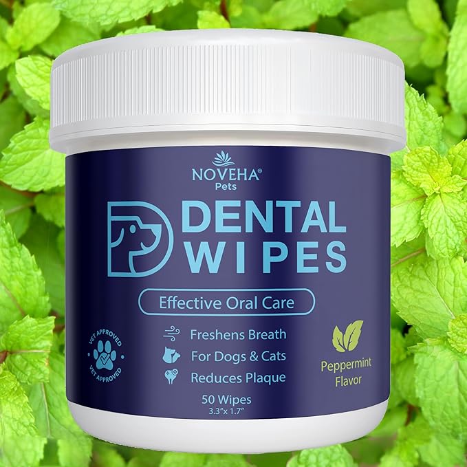 NOVEHA 100PCs Pets Dental Finger Wipes for Dogs & Cats | Freshens Breath, Reduces Plaque | Healthier Gums | Clean Teeth No Toothbrush | Vet Recommended Effective Natural Oral Care | Mint Flavor
