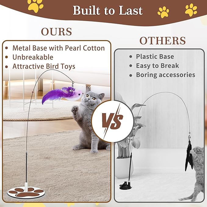 Interactive Cat Toy for Indoor, Includes Metal Base, Suction Cup Cat Base, Cat Wand,Bird Simulation Toys and Feather Toy, Set of 7 PCS
