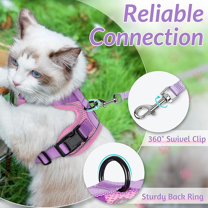 rabbitgoo Cat Harness and Leash for Walking, Escape Proof Soft Adjustable Vest Harnesses for Cats, Easy Control Breathable Reflective Strips Jacket, Pink & Purple, M
