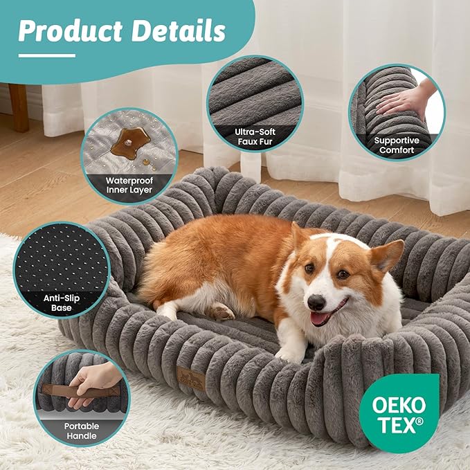 Orthopedic Pet Bed for Small Dogs & Cats - Washable Rectangle Pet Bed with Anti-Slip Bottom, Soft Calming Cat & Puppy Bed for Indoor Pets (30"x23"x7", Grey)