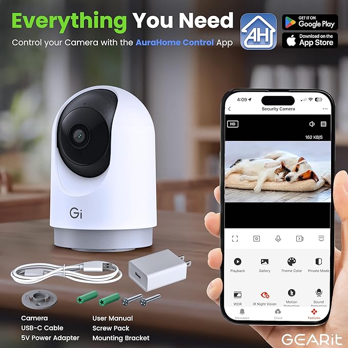 GEARit Smart Camera - Wireless Indoor Security Camera with Audio/Video for Home - Pet/Indoor Security - Ideal Home Monitoring, House Cameras, Dog Camera, No Subscription Needed