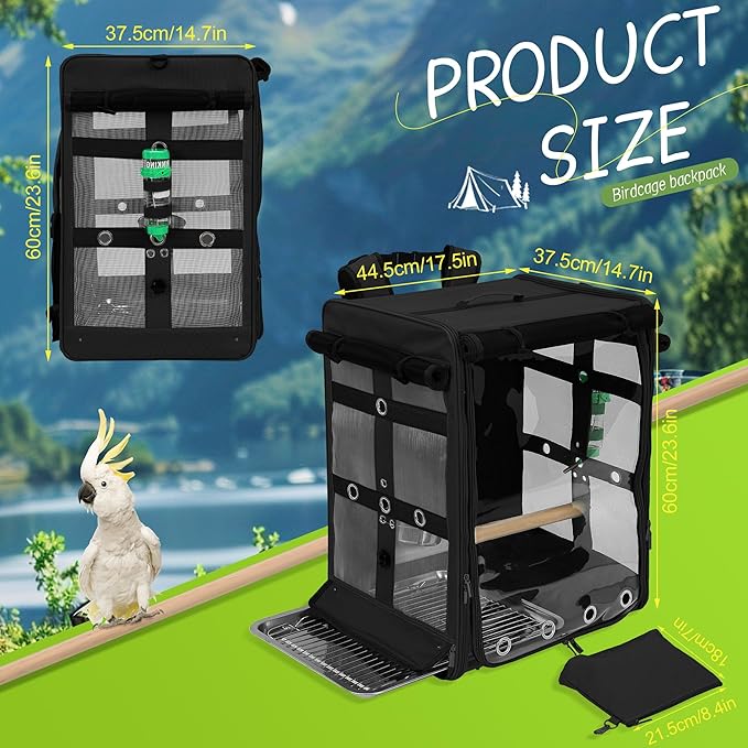 Suertree Bird Carrier Travel Cage, Cockatoo Carrier, Parrot Travel Backpack with Unbreakable Stainless Steel Mesh, Perch, Water Bottle and Food Bowl, X-Large Black