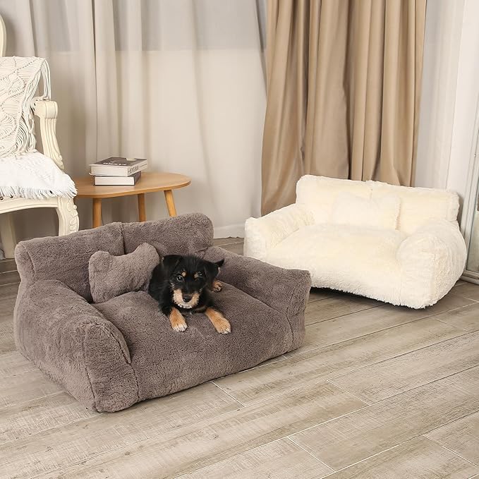 Fluffy Cat Couch, Small Dog Bed with Bone Shaped Pillow, Anti-Anxiety Pet Bed with Washable Cover, Cream