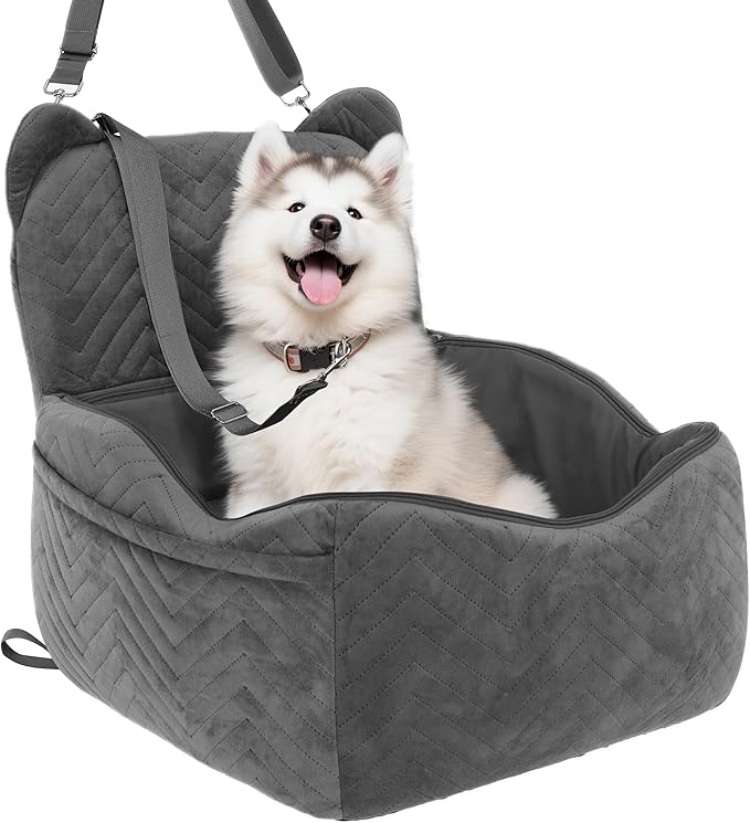 Dog Car Seat for Small Medium Dog up to 30 lbs with Waterproof PU Cover Pet Car Booster Seat with Memory Foam for Travel, Grey, 2 Safety Belt
