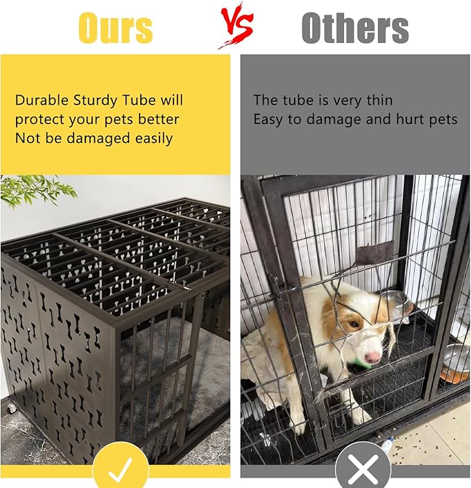 LEMBERI 48/42 inch Indestructible Heavy Duty Dog Crate, High Anxiety Extra Large Dog Cage for Large Dogs, XL Steel Escape Proof Dog Kennel with Cushion and Wheels (Black, 42.5''L*29.9''W*34.46''H)