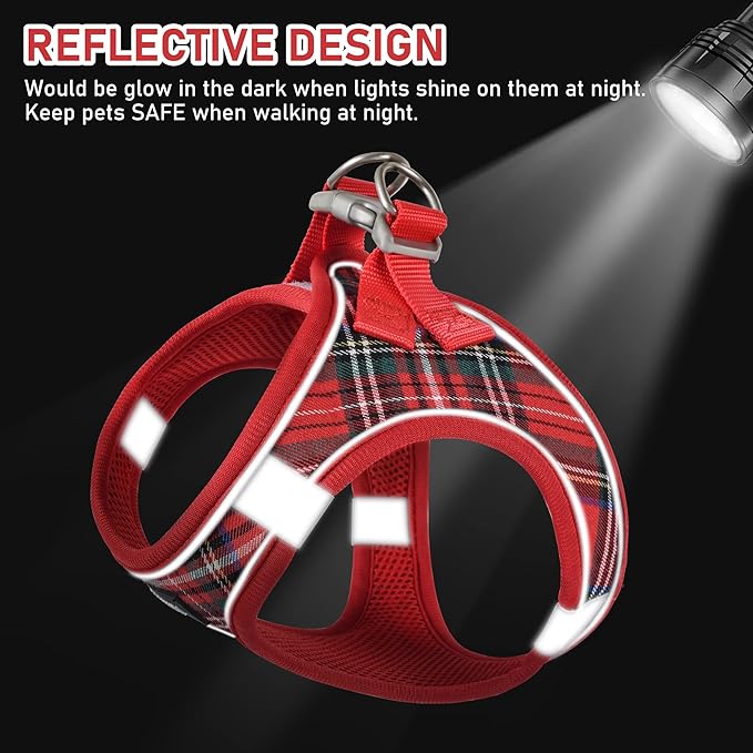 GAMUDA Small Dog Harness Collar and Leash Set, Step in No Chock No Pull Soft Mesh Adjustable Dog Vest Harnesses Plaid Reflective for Dogs Puppy Cats Kitten Rabbit (Red, S)
