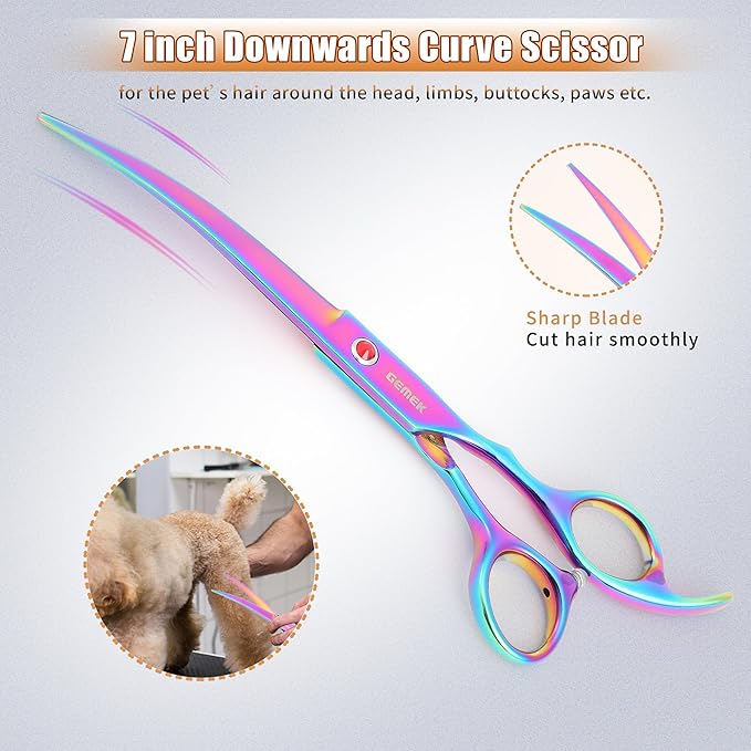 7.0in Titanium Rainbow Professional Pet Grooming Scissors Set, GEMEK 6 in 1 Straight & Thinning & Upwards Curved & Downwards Curved Scissors & Comb for Dogs, Cats (Rainbow)