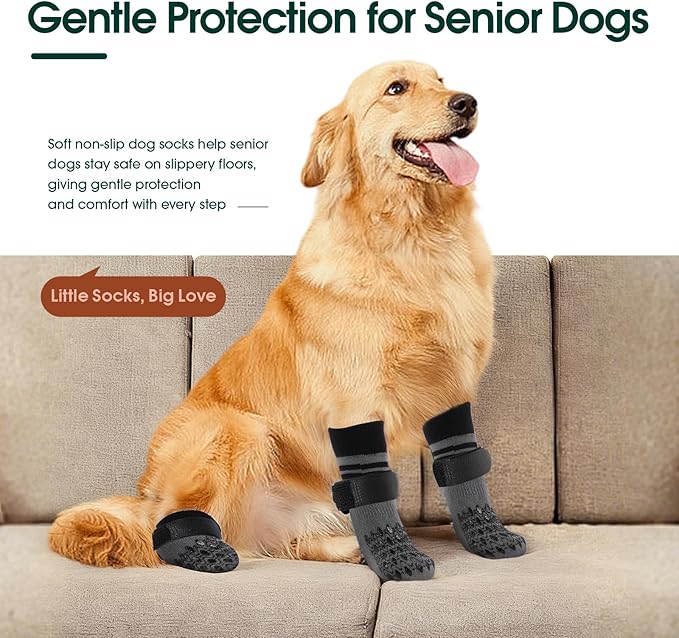 Kuoser Non Slip Dog Socks for Hardwood Floors,4Pack Anti-Slip Dog Grippy Socks to Prevent Licking Paws,Dogs Booties Paw Protectors with Double-Sided Traction for Small Medium Large Senior Dogs,Gray XS