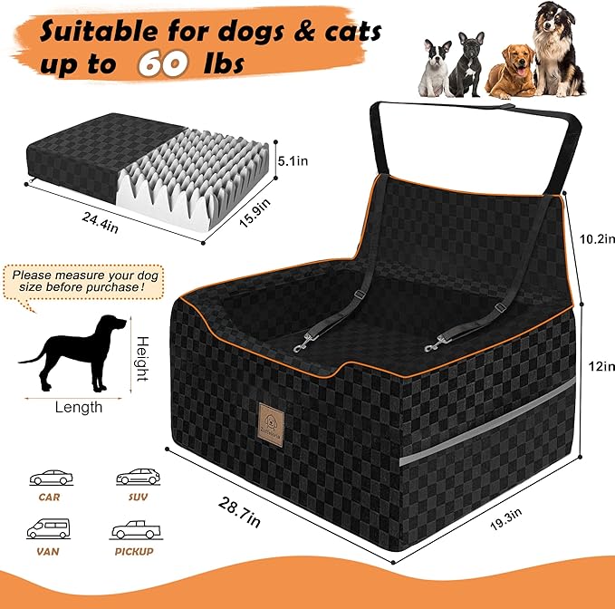 Large Dog Car Seat for Back Seat – Removable Dog Booster Seat & Washable Pet Car Seat for Medium & 2 Small Dogs up to 60lbs – Safety Straps & Storage Pocket – Travel & Home Use (Black)