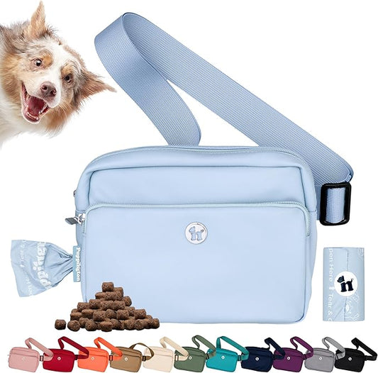 Puppington 3-in-1 Crossbody Dog Walking Bag & Treat Pouch with Matching Planet Safe Poop Bags & Built-In Dispenser - Dog Mom Gift for Puppy Training with Zippered Pockets (Ice Blue)