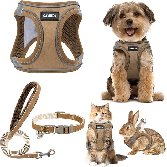 GAMUDA Small Pet Harness Collar and Leash Set, Step in No Chock No Pull Linen Fabric Soft Mesh Dog Vest Harnesses Reflective for Dogs Puppy Cats Kitten Rabbit (Brown, XS)