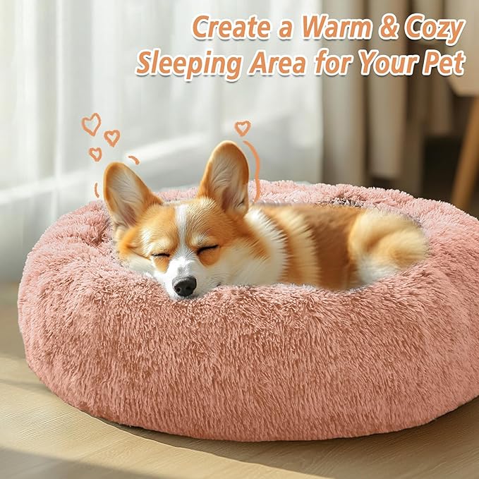 JOLLYVOGUE Calming Dog & Cat Bed for Small Dogs, Anti-Anxiety Donut Cuddler Cozy Soft Round Bed with Anti-Slip Bottom, Fluffy Faux Fur Plush Cushion Beds for Small Medium Dogs (27")