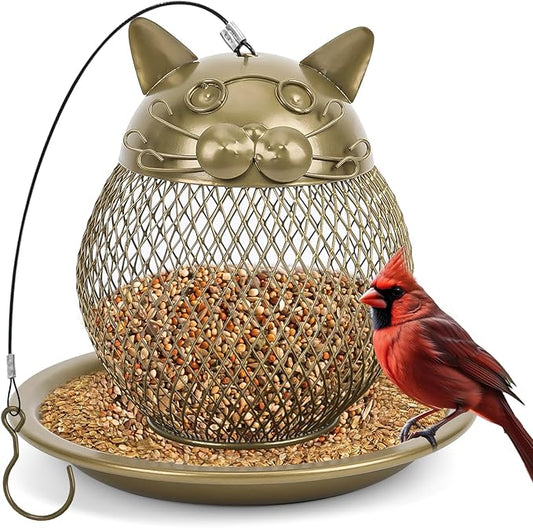 Cat Shaped Bird Feeder for Garden & Patio - Heavy Duty Steel Construction, Squirrel Resistant & Easy to Clean, Weatherproof Outdoor Decor for Bird Watchers (Gift Ready)