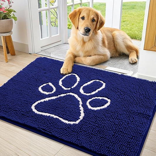 Smiry Dog Door Mat for Muddy Paws, Absorbent Dirt Trapper Non Slip Quick Dry Washable Chenille Mat for Mud Dogs, Entry Rug for Indoor and Outdoor (36x24 Inches, Navy Blue)