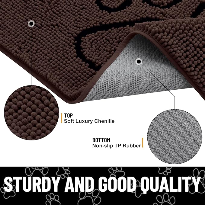 Smiry Dog Door Mat for Muddy Paws, Absorbent Dirt Trapper Non Slip Quick Dry Washable Chenille Mat for Mud Dogs, Entry Rug for Indoor and Outdoor (40x32 Inches, Brown and Black)